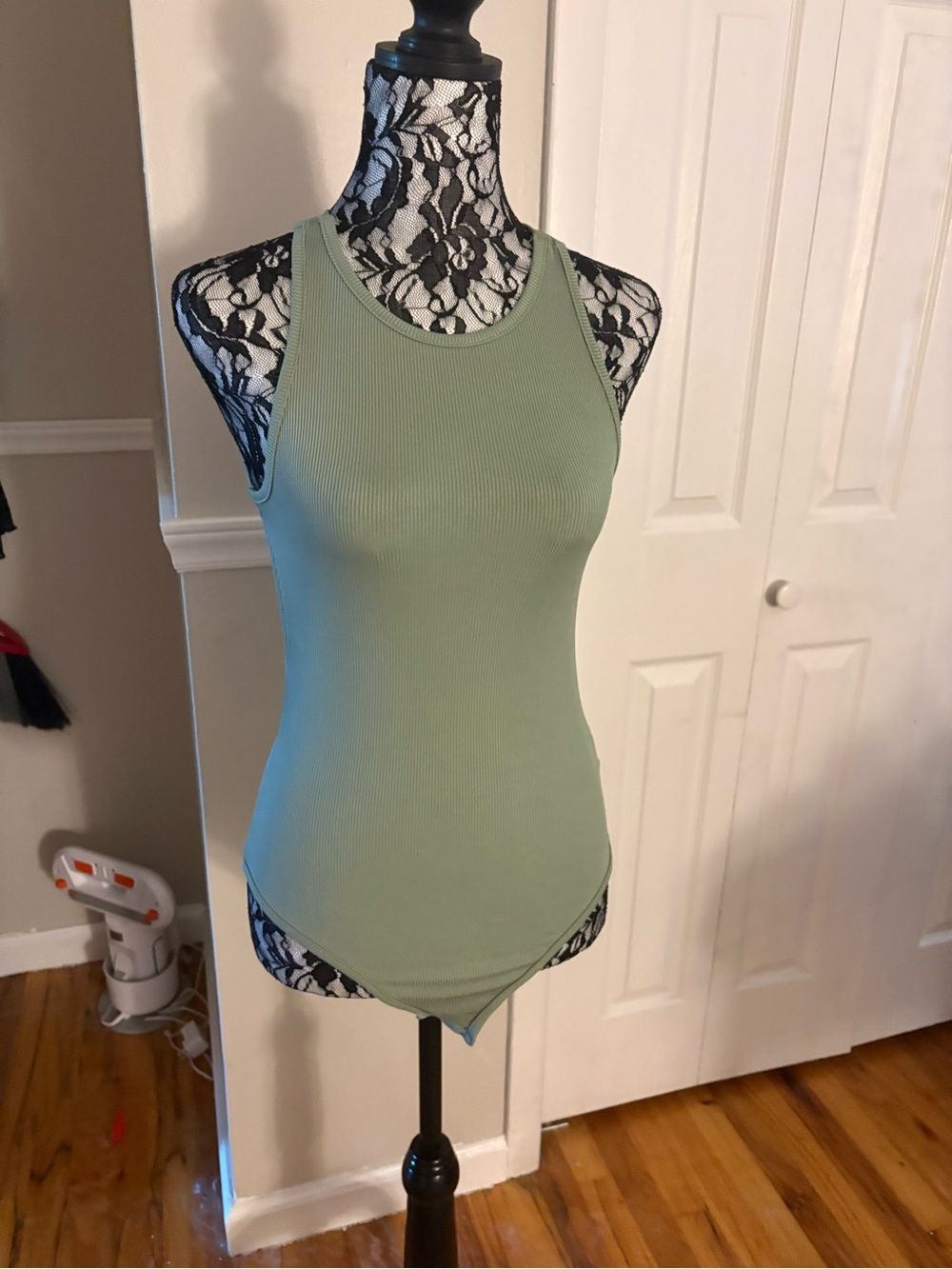 SHEIN Ribbed Racerback Bodysuit in Sage Green